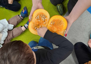 Dziecko ogląda wnętrze dyni