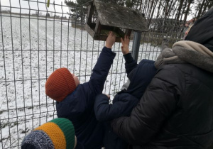 Przedszkolaki wsypują ziarenka do karmnika.