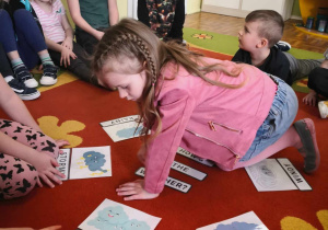 Zabawa w języku angielskim. Dziewczynka dobiera obrazki z symbolami pogody. Pozostałe dzieci siedzą w kole.