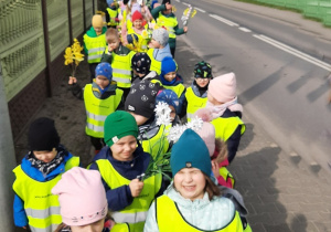 Dzieci w parach, maszerują po chodniku we wiosennym pochodzie. Trzymają w rękach bukiety kolorowych kwiatów oraz Marzannę.