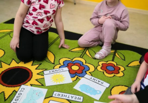 Dzieci podczas zabawy kołowej uczą się zwrotów określających zjawiska pogodowe w języku angielskim.