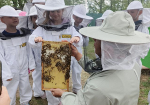 Dziewczynka ubrana w kombinezon pszczelarski trzyma ramkę pszczelą pod bacznym okiem pana pszczelarza.