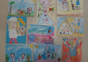 Galeria prac konkursowych. Na obrazkach pojawiły się m.in. warzywne pikniki, talerze pełne witamin, rodzinne spacery, jazda na rowerze oraz scenki przedstawiające zdrowe zakupy.