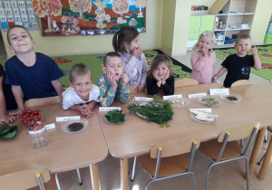 Dzieci oglądają produkty potrzebne do kiszenia pomidorków.