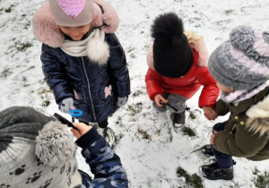 Dzieci obserwujące śnieg z wykorzystaniem lup