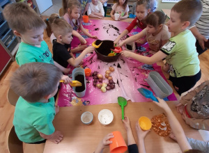 Grupa dzieci 5, 6 letnich siedząca przy dużym stole. Dzieci wsypują ziemię do kolorowych doniczek, sadzą cebulę.