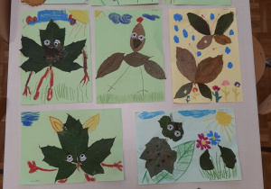 Ekspozycja przedstawiająca zwierzaki - cudaki, między innymi: motylki, ptaki z liści jesiennych.