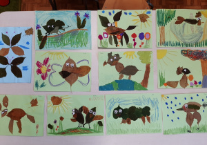 Ekspozycja przedstawiająca zwierzaki - cudaki, między innymi: myszkę, motyle, gąsienicę, pieska z jesiennych liści.