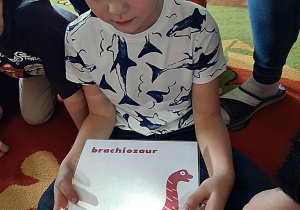 Chłopiec ogląda planszę edukacyjną o dinozaurach.