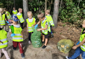 Przedszkolaki spacerują po lesie i zbierają śmieci.