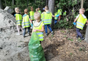 Przedszkolaki spacerują po lesie i zbierają śmieci.