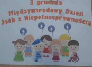 Plakat z napisem i dziećmi z niepełnosprawnościami