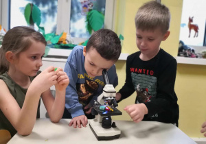 Zabawy z mikroskopem. Chłopiec prowadzi obserwację przez mikroskop. Dwoje dzieci obserwuje jego działania.