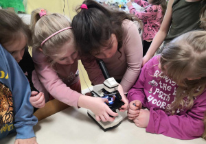 Zabawy z mikroskopem. Grupa dzieci przygotowuje mikroskop do działania.