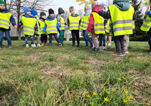Grupa dzieci na skwerku w Wartkowicach, szukają oznak wiosny.