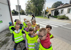 Dzieci podczas spaceru, przy przejściu dla pieszych.