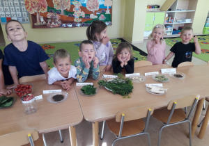 Dzieci oglądają produkty potrzebne do kiszenia pomidorków.