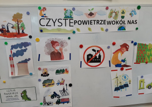 Obrazki przedstawiające przyczyny zanieczyszczeń powietrza oraz sposoby na ograniczanie tych zanieczyszczeń